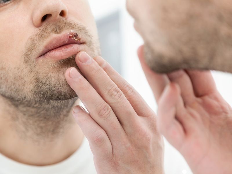 homem olhando no espelho com herpes